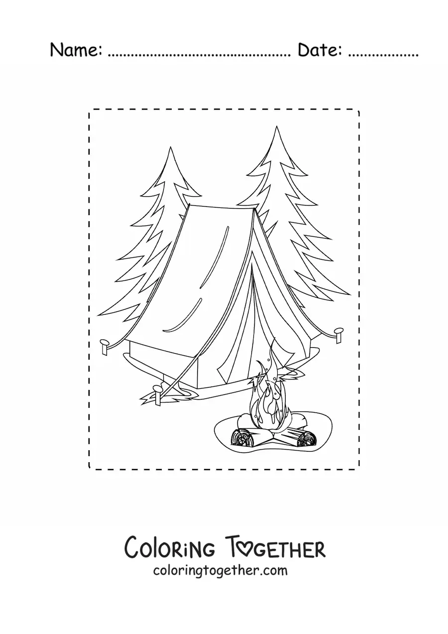 Coloring page of a tent and a bonfire in a pine forest