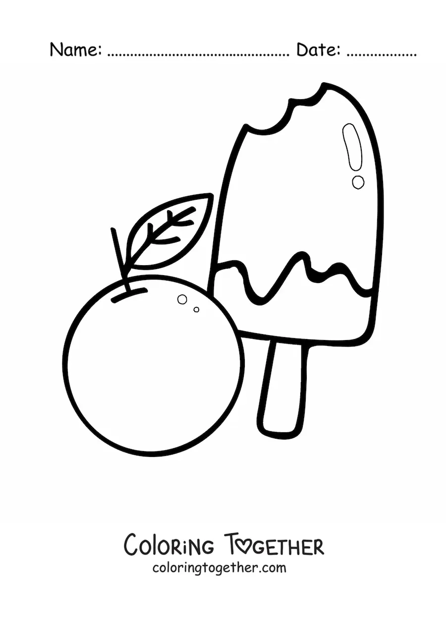 Coloring page of a popsicle next to an orange