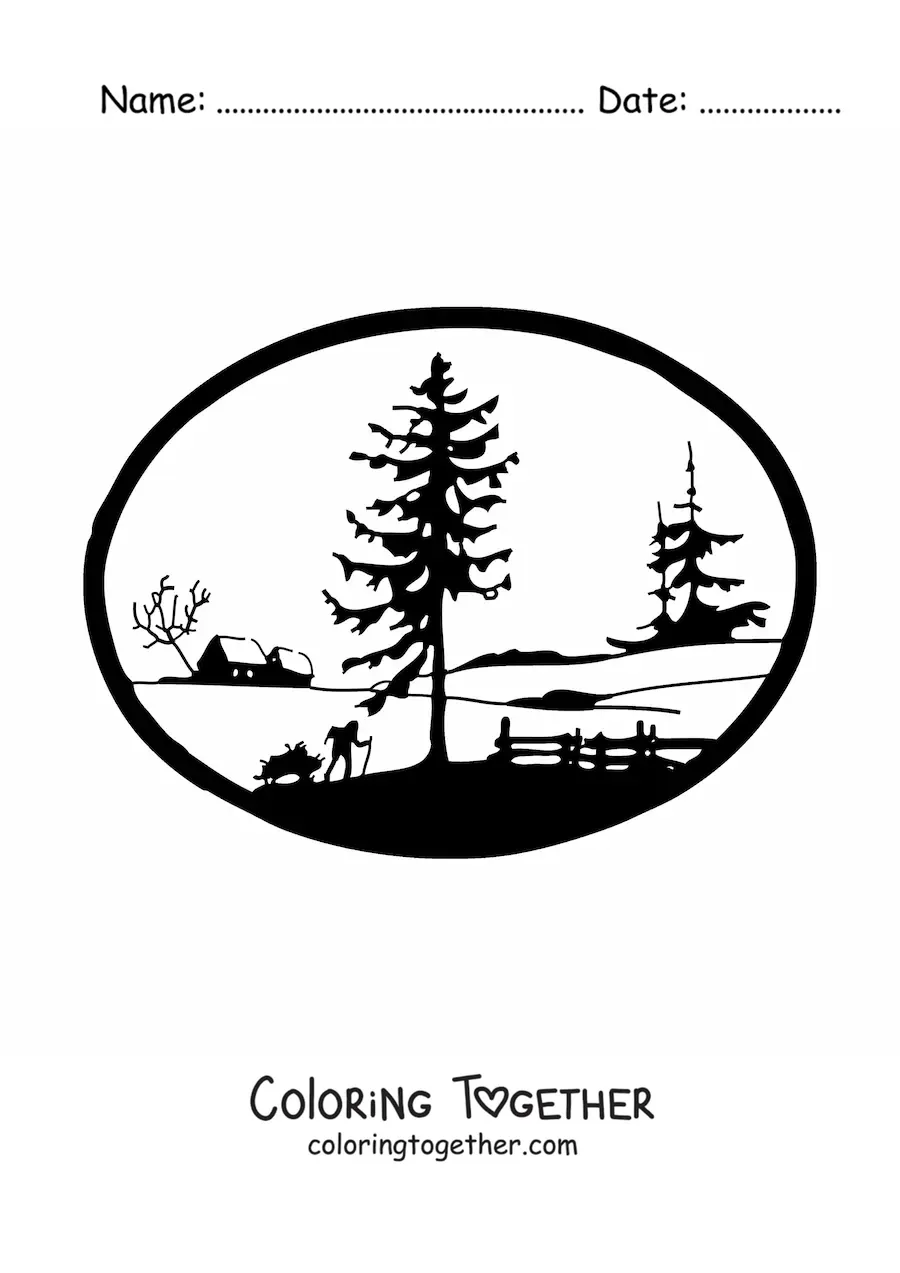 Coloring page of a landscape with pine trees