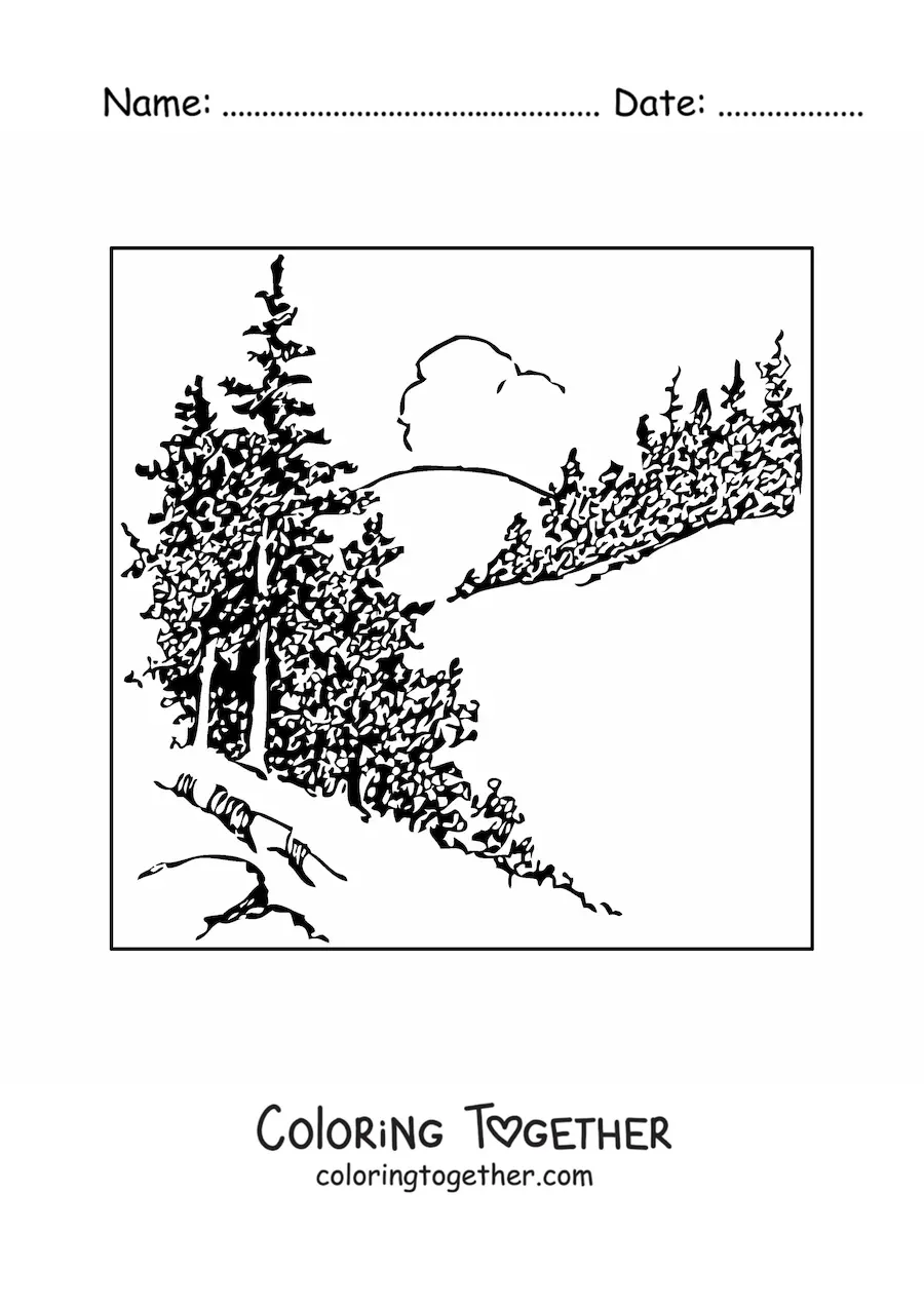 Coloring page of a landscape with realistic pine trees