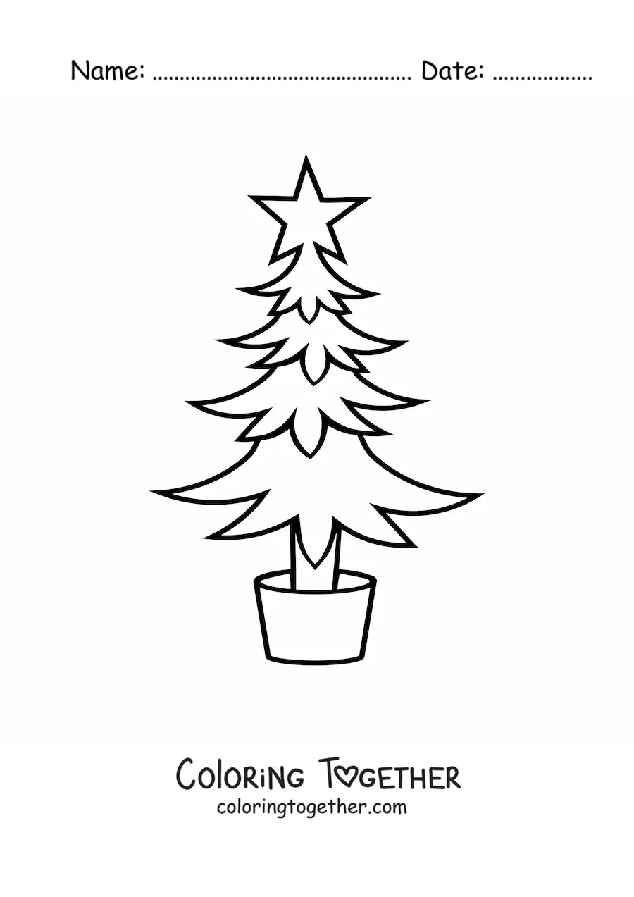Coloring page of a pine tree decorated with a star in a pot