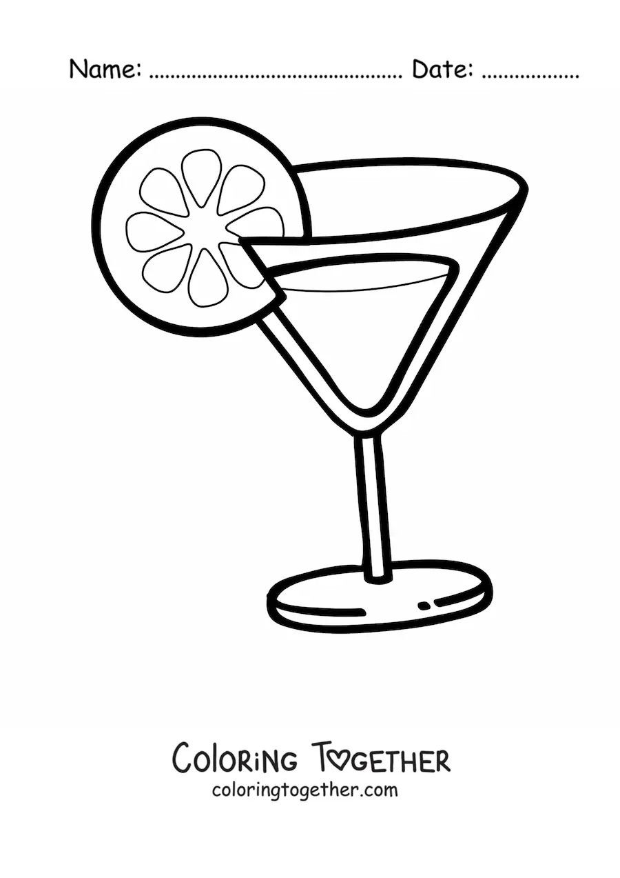 Coloring page of a cocktail decorated with a slice of orange