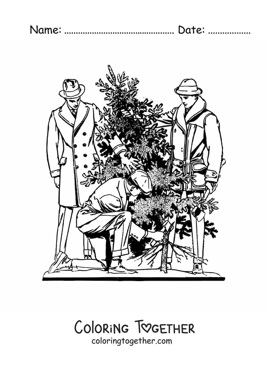 Coloring page of three men cutting down a pine tree