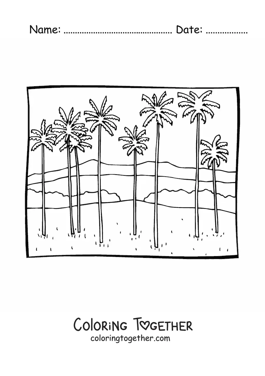 Coloring page of a landscape with mountains and palm trees