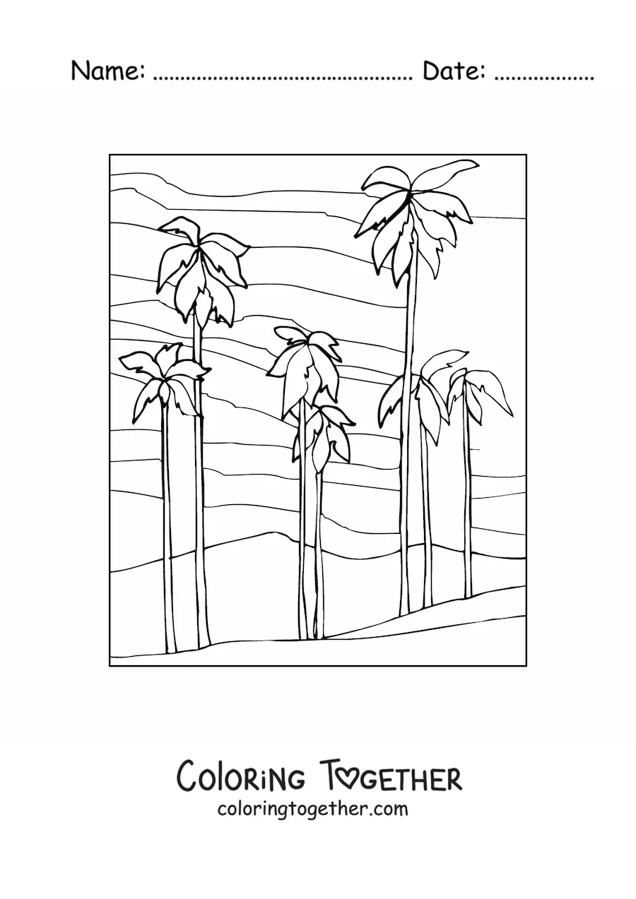 Coloring page of a desert with palm trees