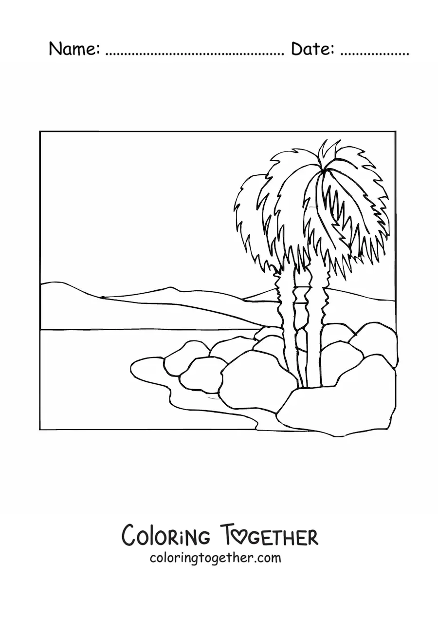Coloring page of two palm trees in the desert