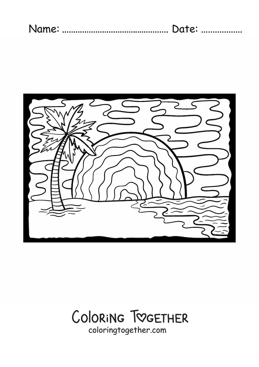 Coloring page of a sunset on the beach with a palm tree