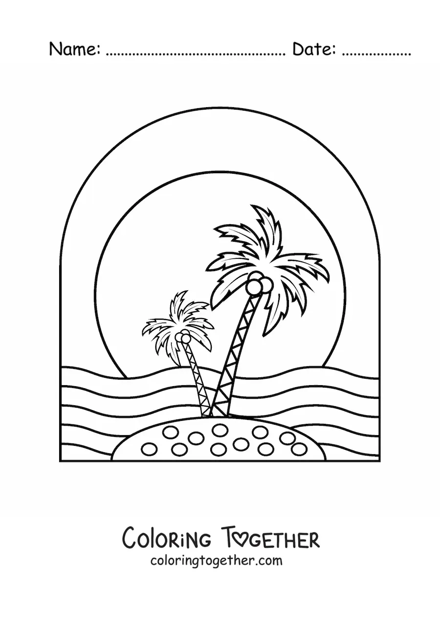 Coloring page of two palm trees on an island