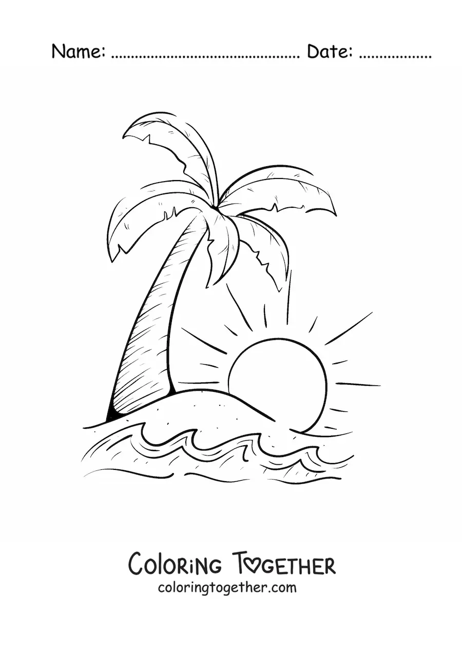 Coloring page of a palm tree and the sun on the beach