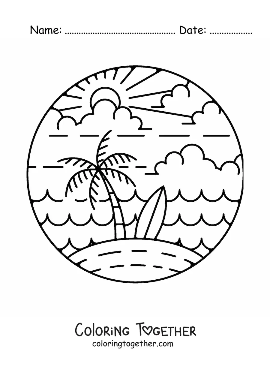 Coloring page of an island with a palm tree