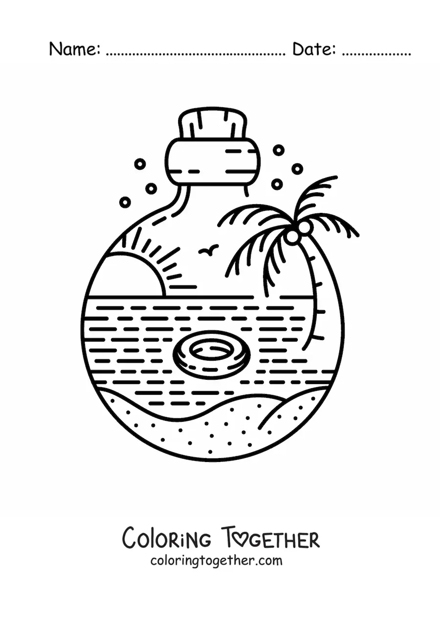 Coloring page of a bottle with a sea landscape and a palm tree