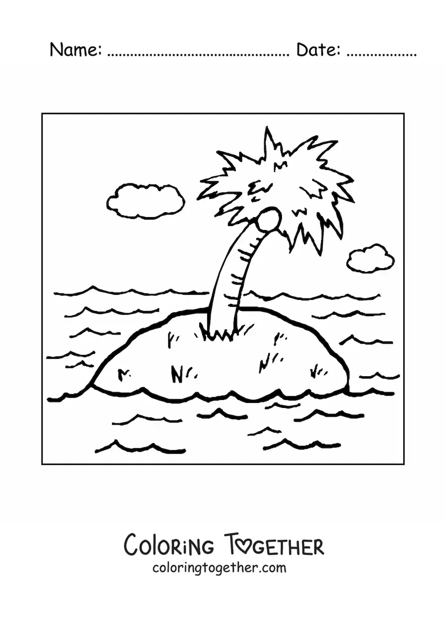 Coloring page of a palm tree on an island