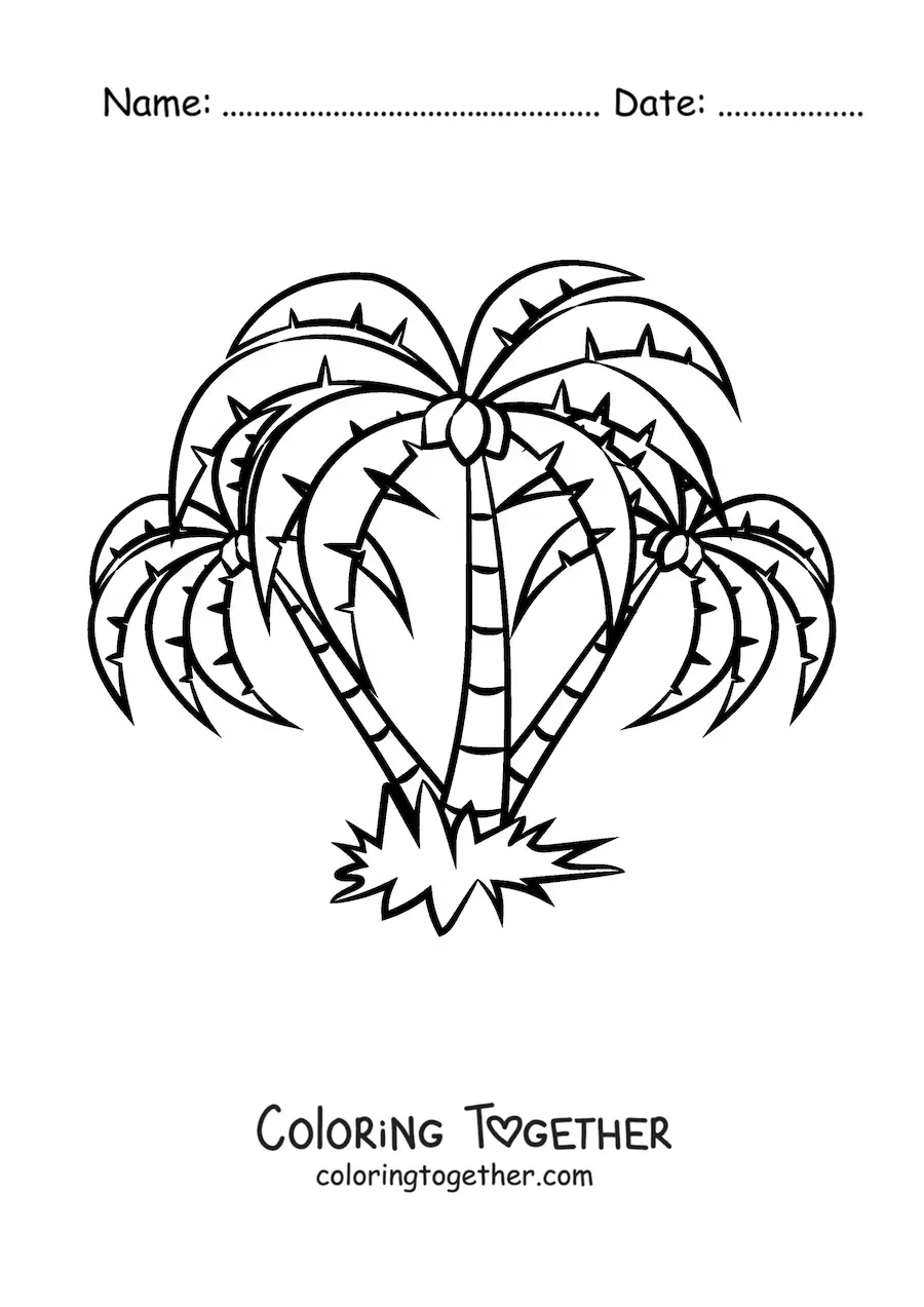 Coloring page of three tropical palm trees