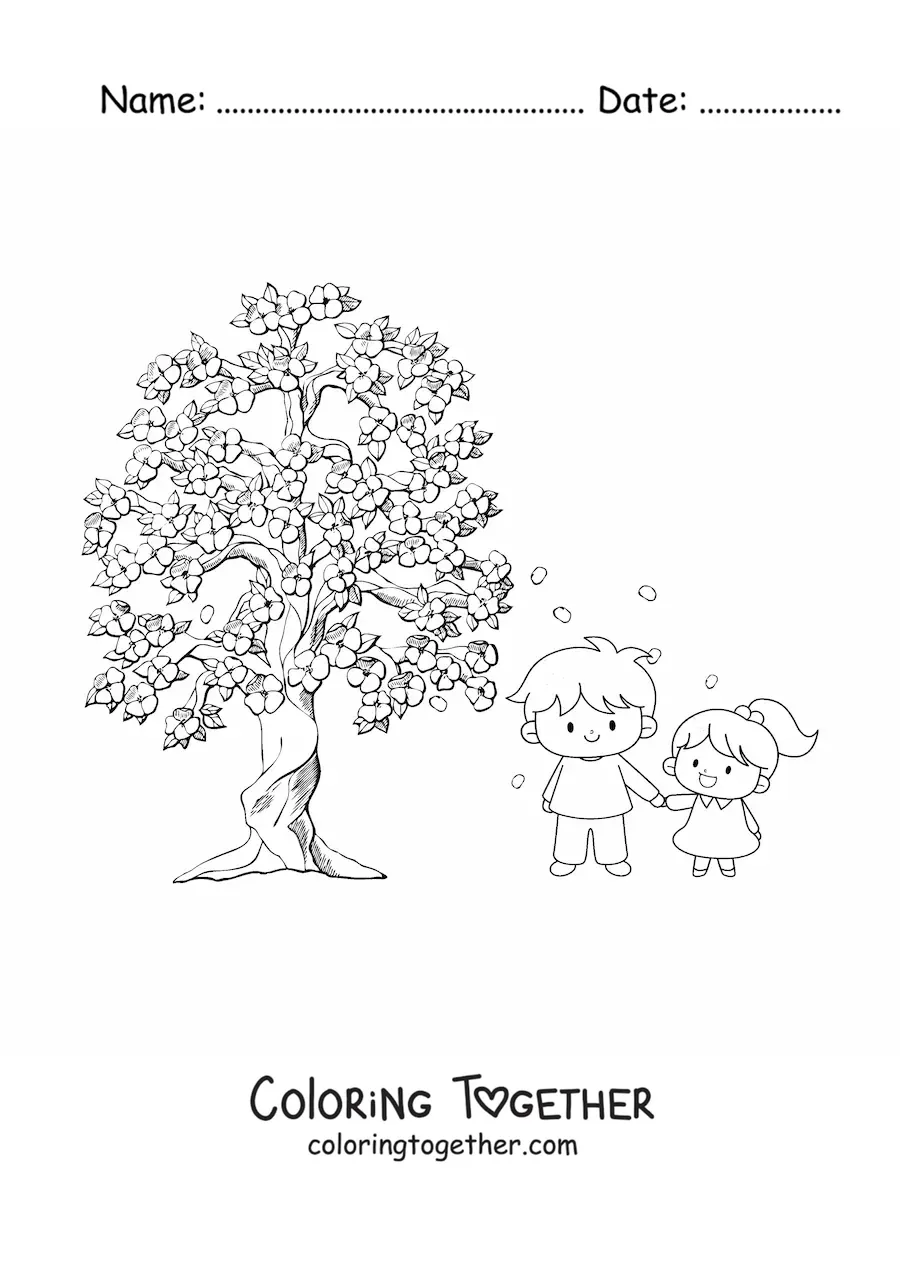 Coloring page of two children and a cherry tree