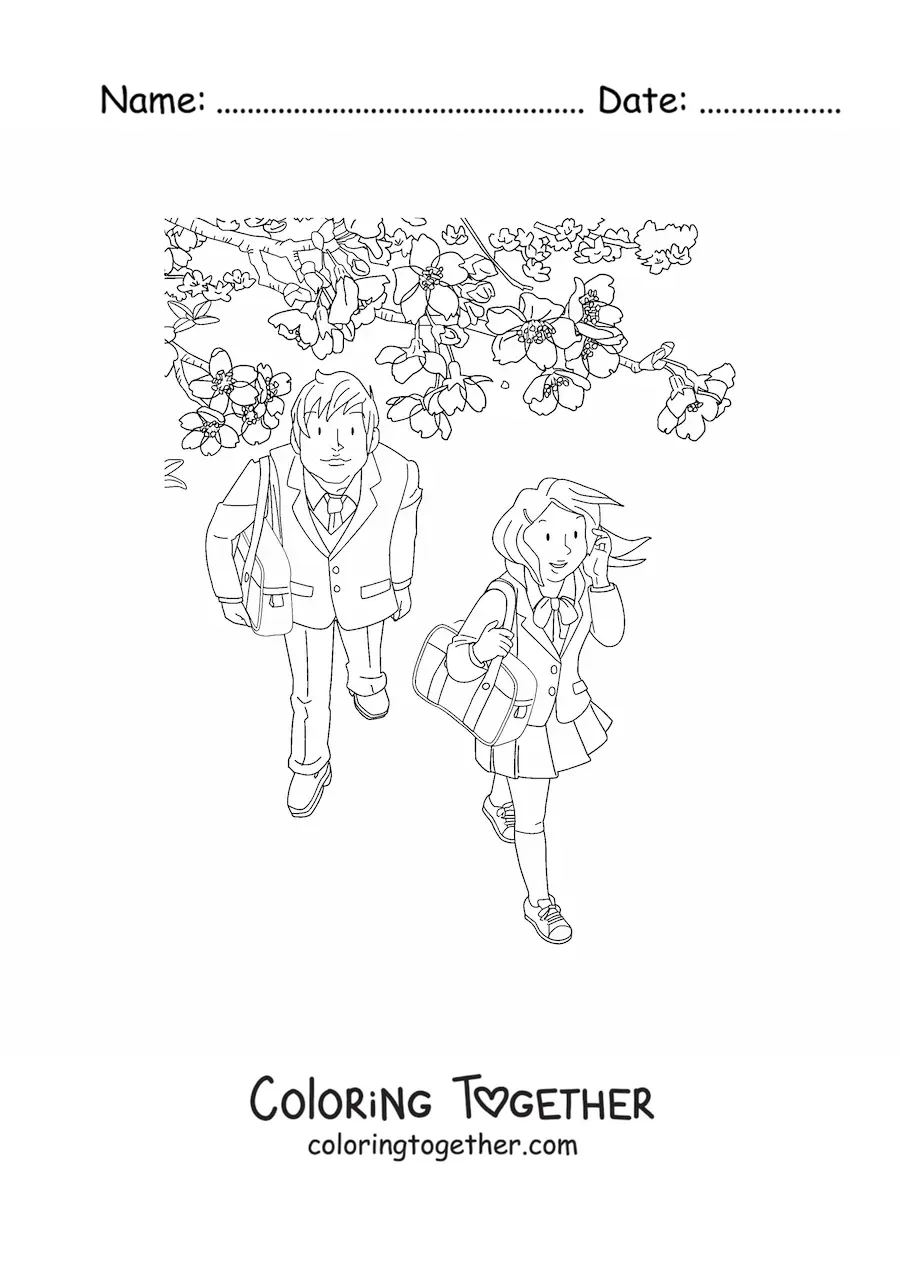 Coloring page of a girl and a boy beside a cherry tree