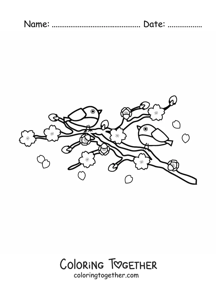 Coloring page of two birds perched in a cherry tree