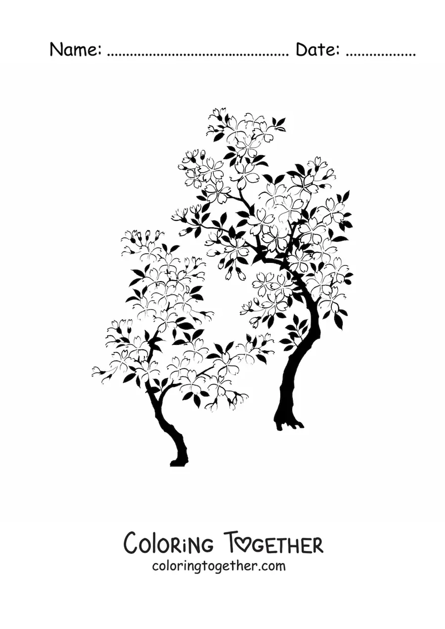 Coloring page of two cherry trees