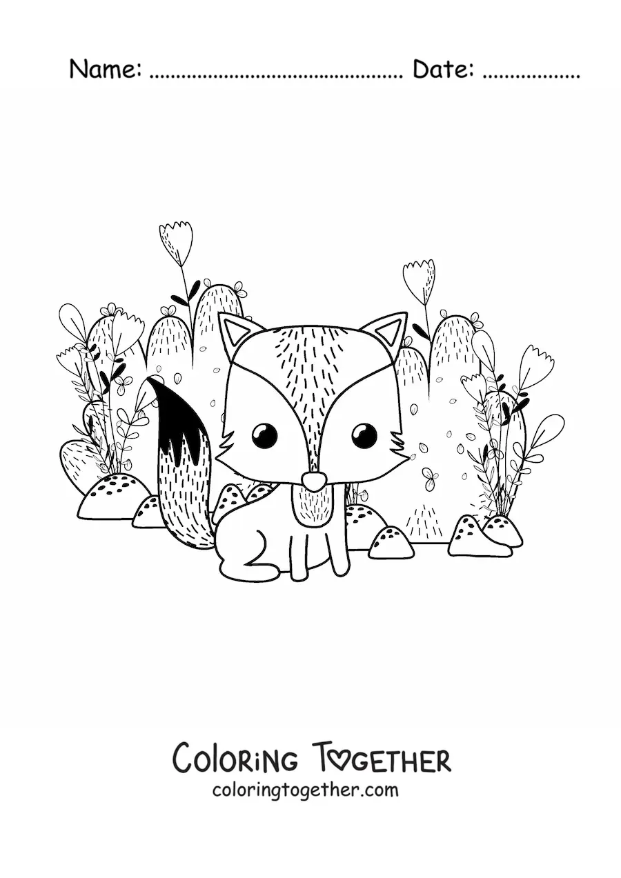 Coloring page of a bush and a cartoon fox