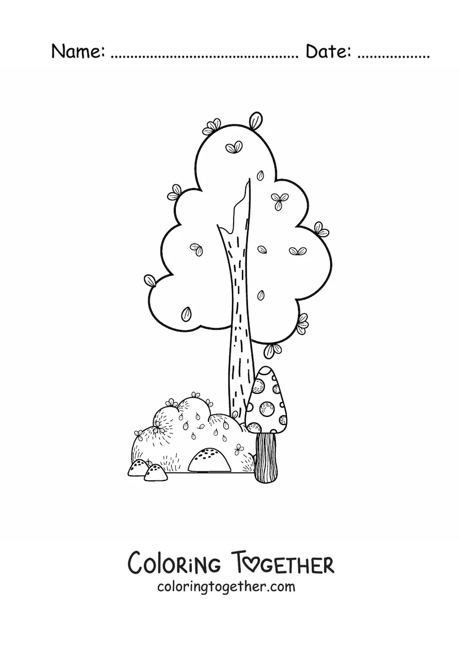 Coloring page of a tree beside a bush