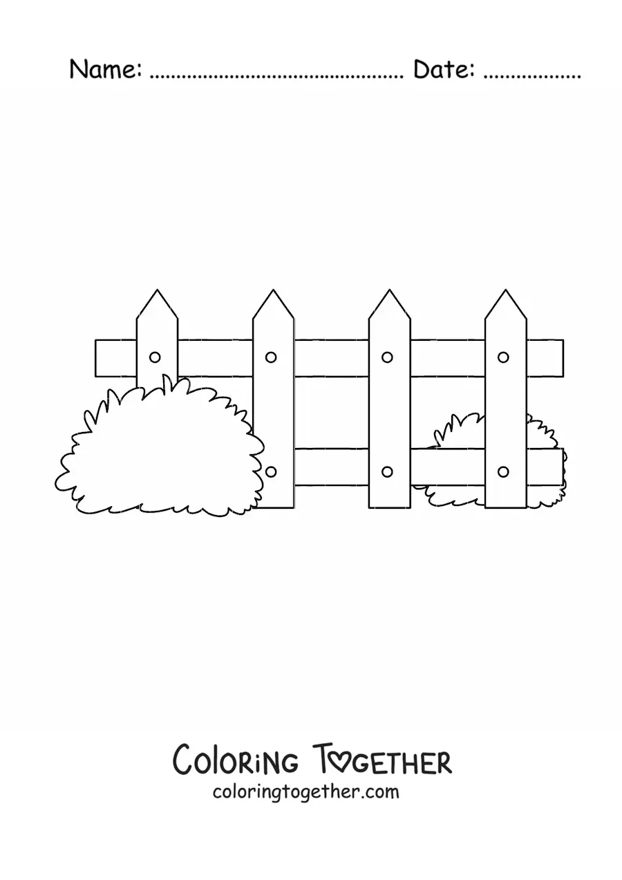 Coloring page of a fence and two bushes