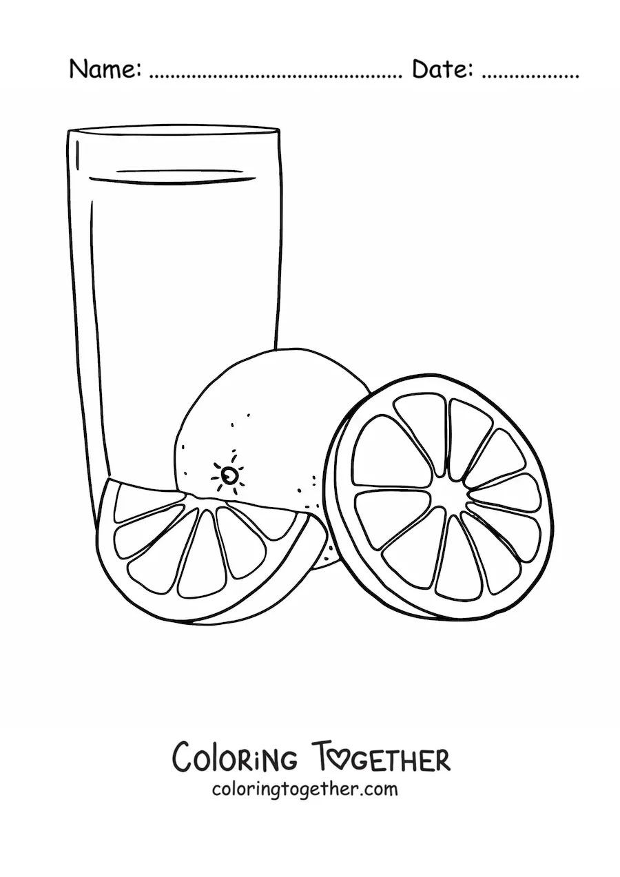 Coloring page of a glass of orange juice next to orange slices