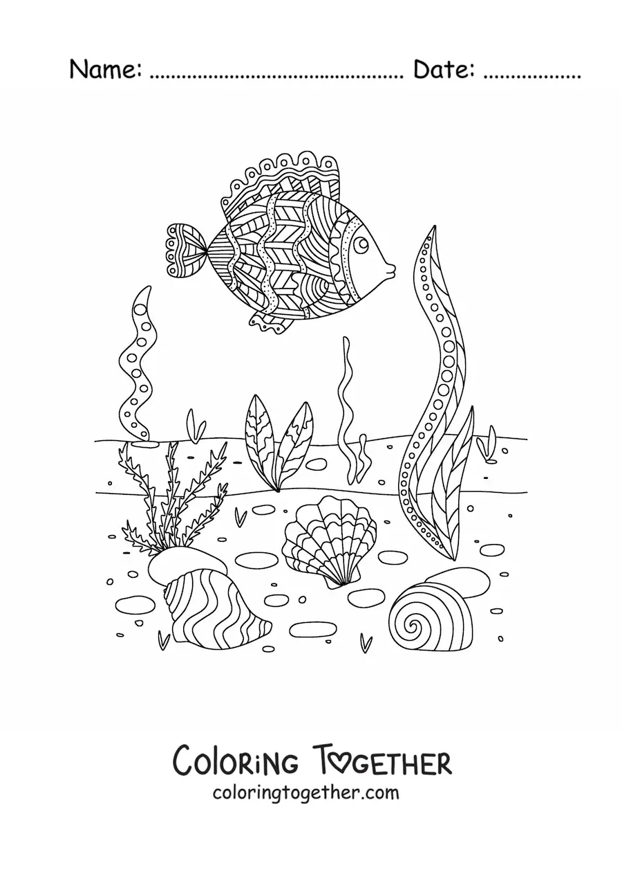 Coloring page of the seabed with seaweed and a fish