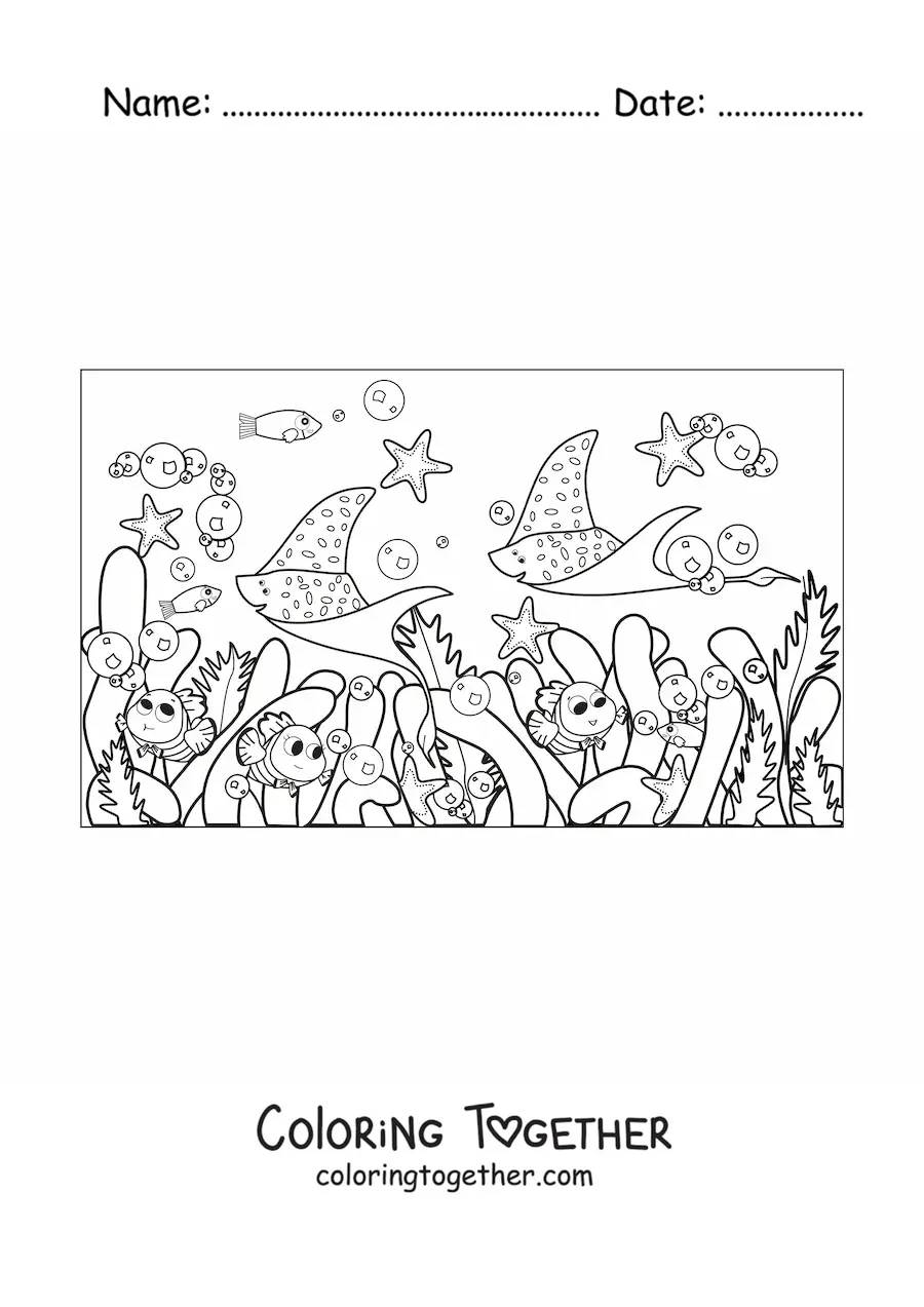 Coloring page of several seaweeds and cartoon fish