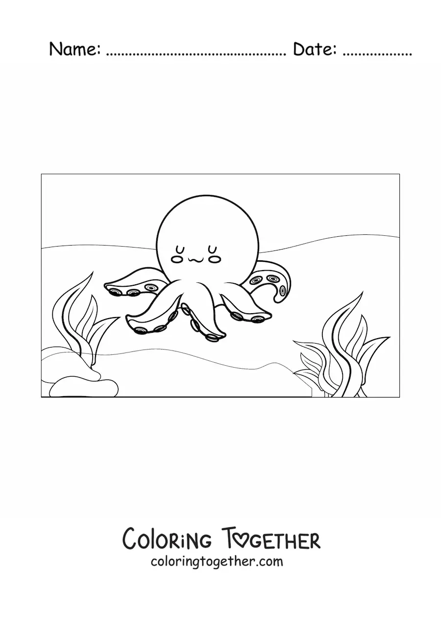 Coloring page of a kawaii octopus with seaweed in the sea