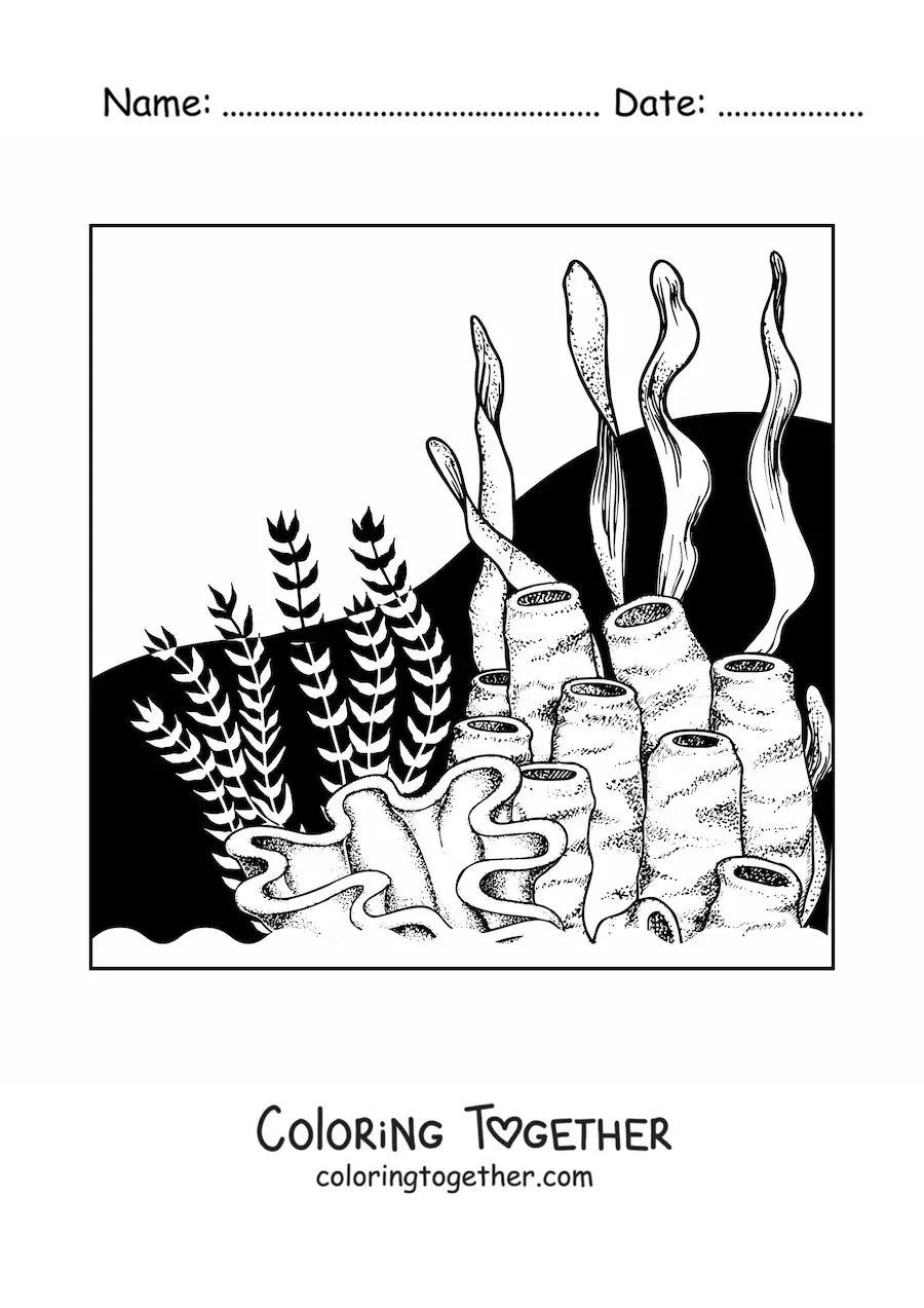 Coloring page of seaweed beside some corals