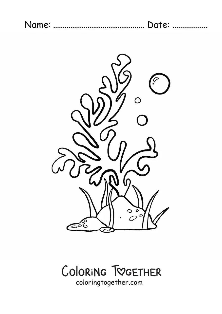 Coloring page of a strand of seaweed with two bubbles beside a rock