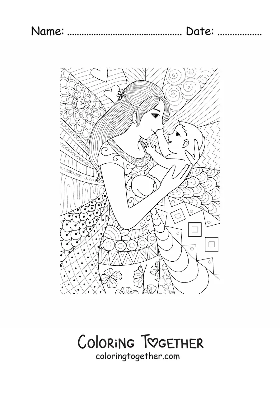 Coloring page of a mom with her baby