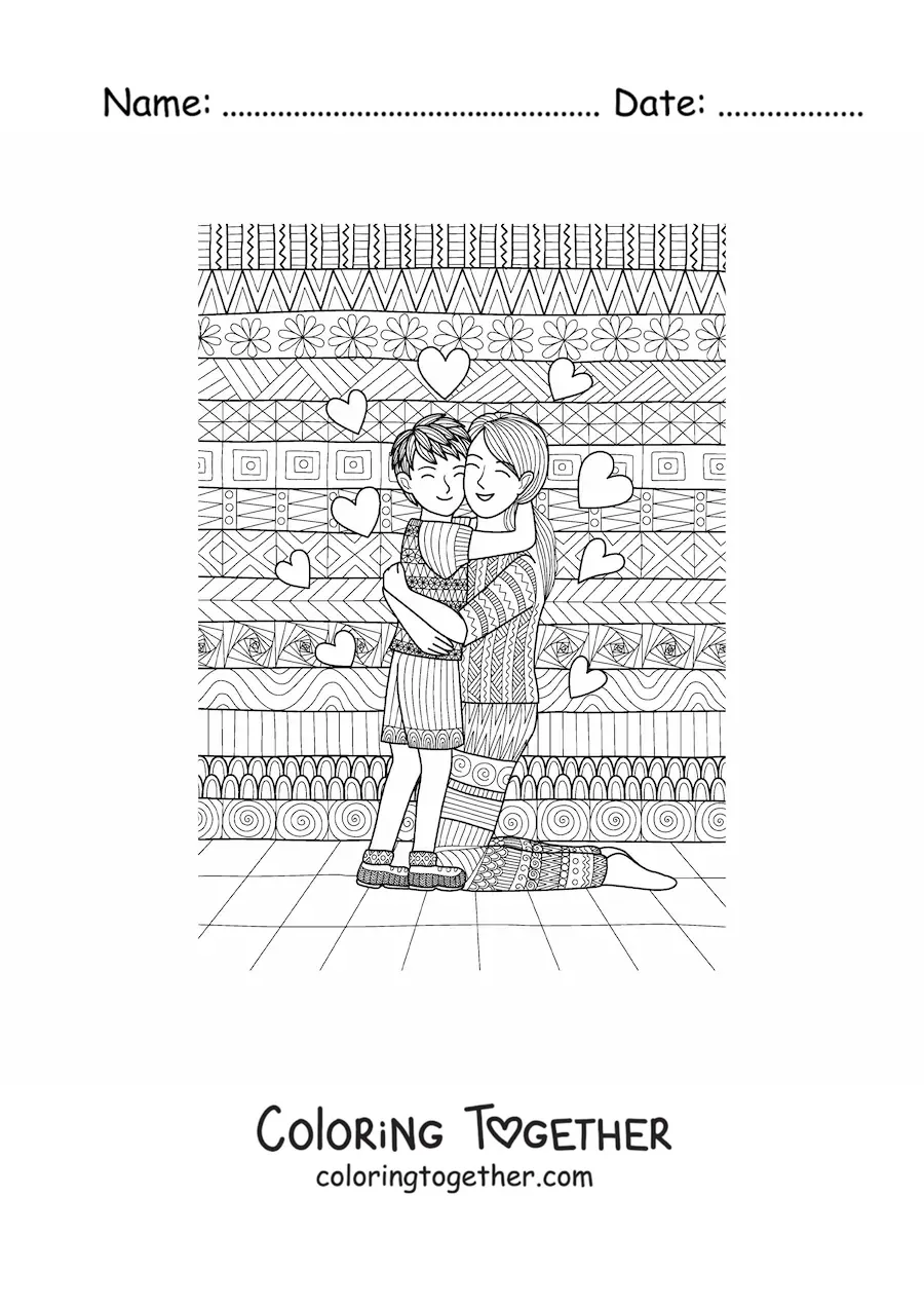 Coloring page of a child hugging their mother