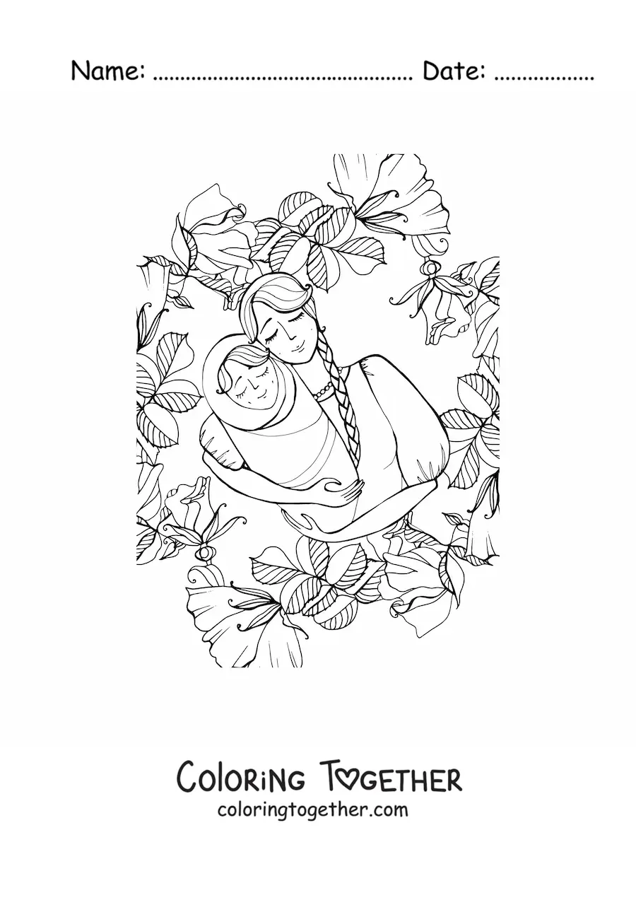 Coloring page of a mom with her baby surrounded by flowers
