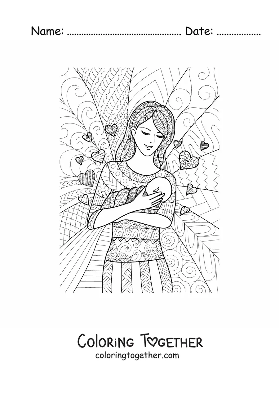 Coloring page of a mother holding a baby in her arms