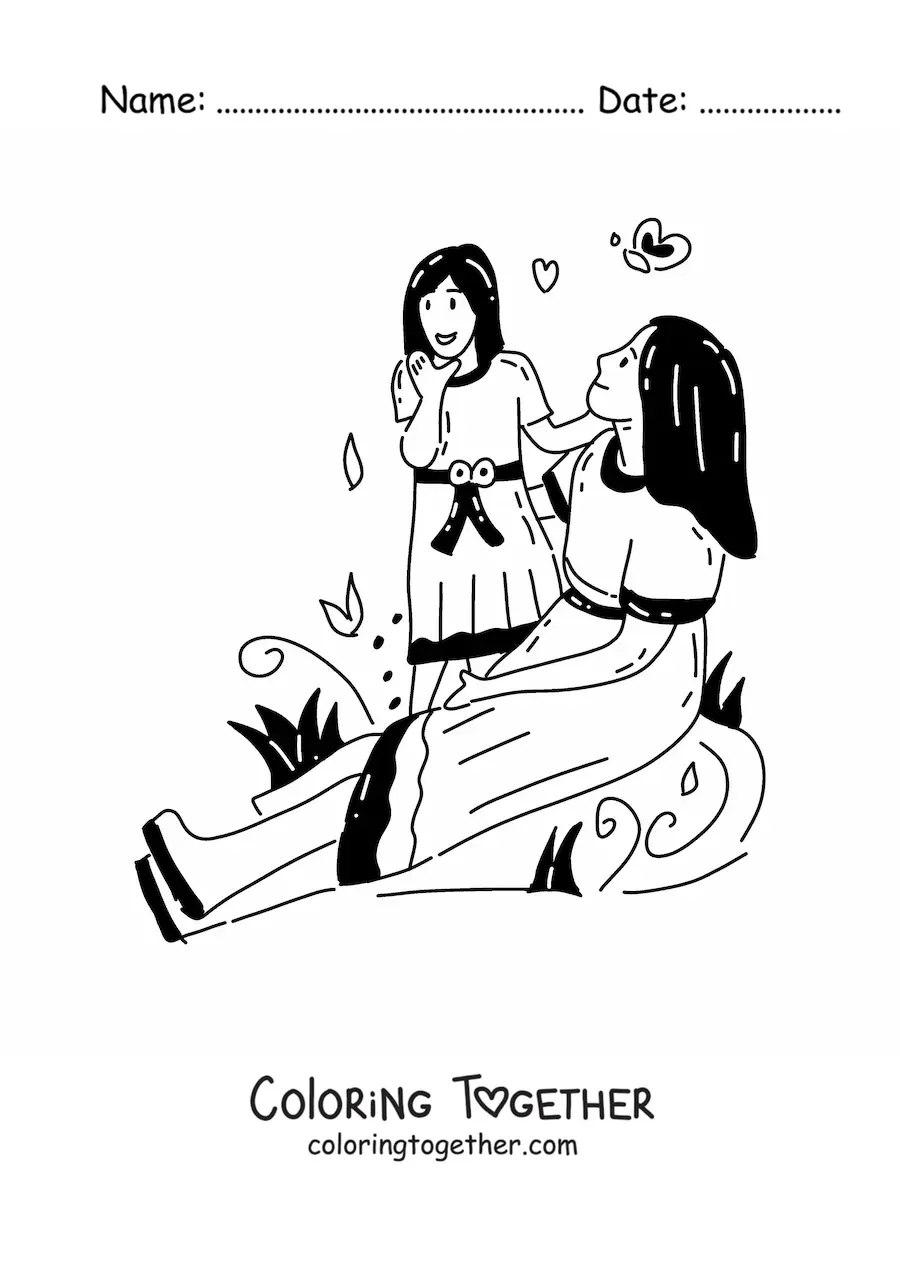 Coloring page of a mom with her daughter