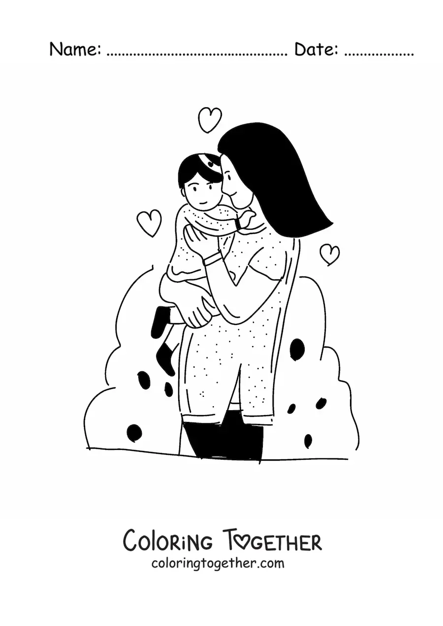 Coloring page of a mom holding a baby in her arms