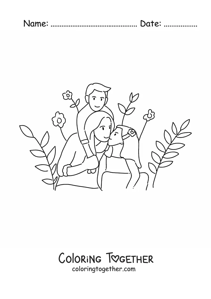 Coloring page of a mom and her two children