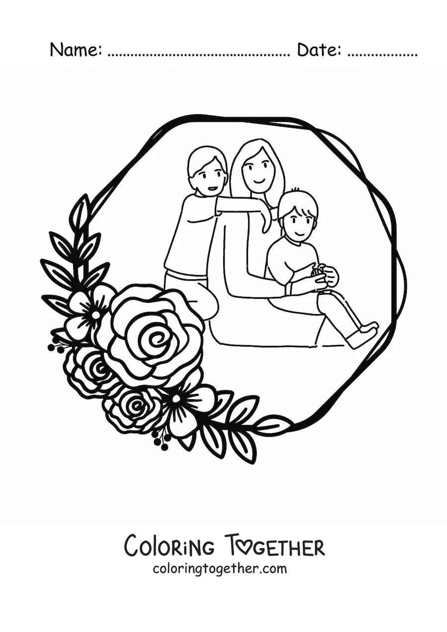 Coloring page of a mom with her two children