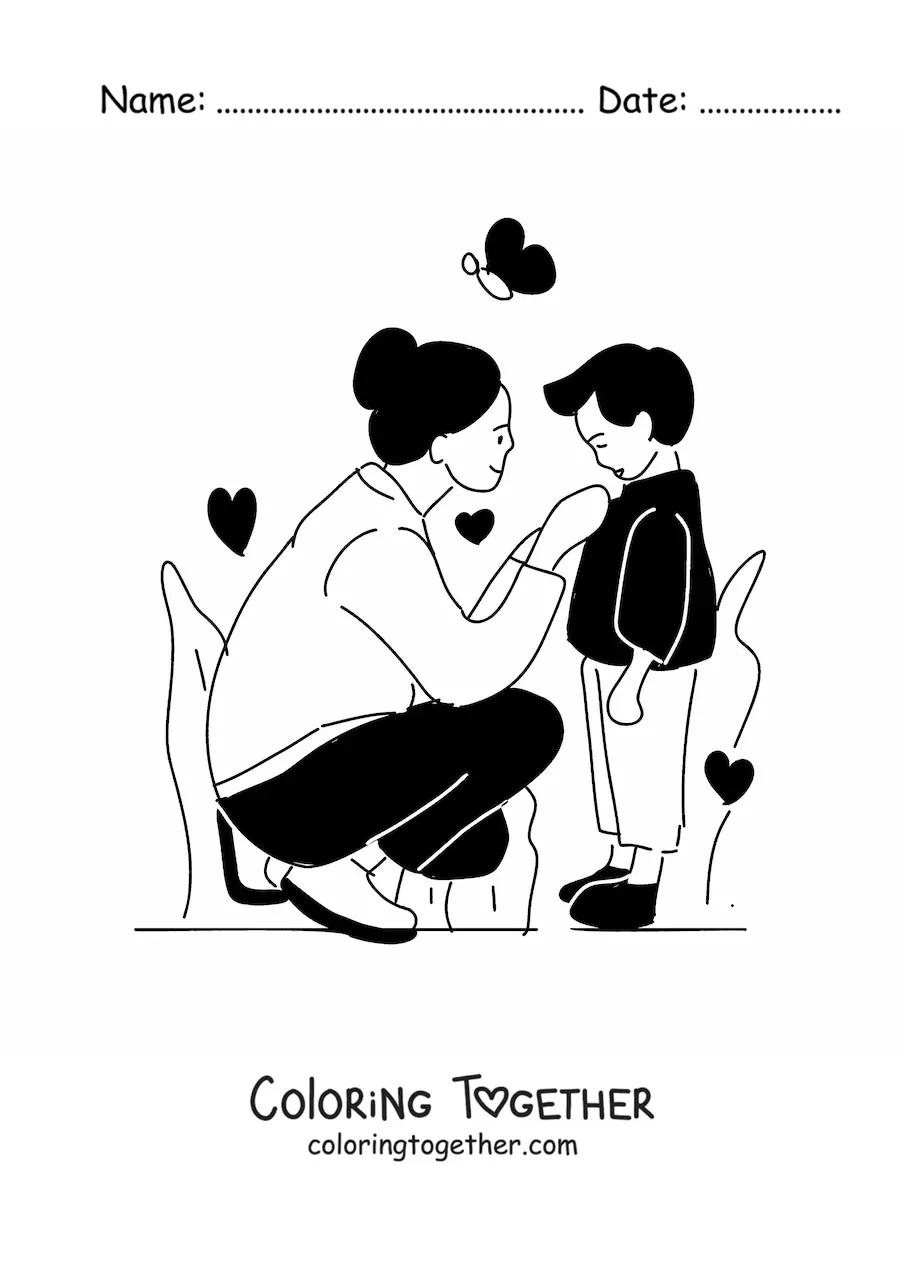 Coloring page of a mom dressing her child