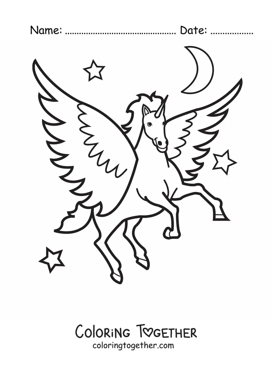 Coloring page of an animated winged unicorn flying at night with stars in the background