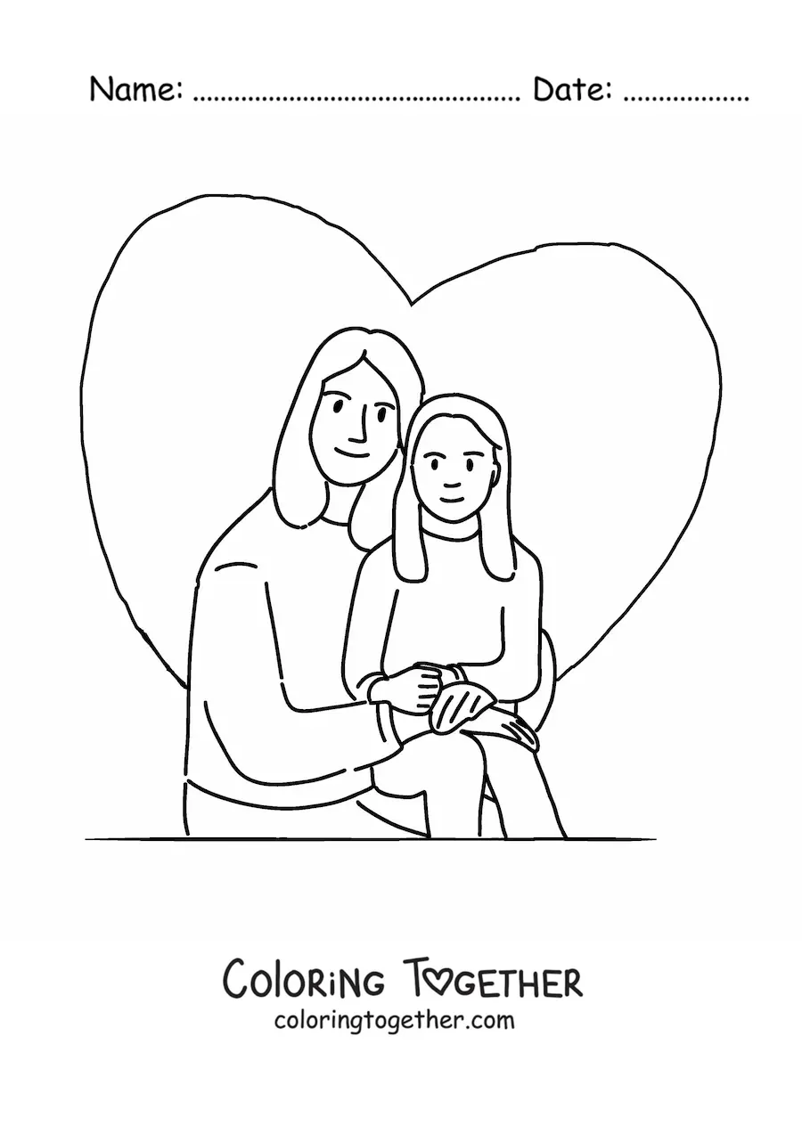 Coloring page of a mom and her daughter with a heart in the background