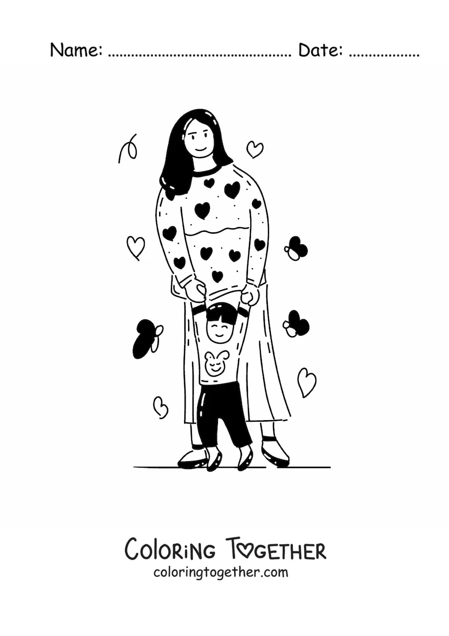 Coloring page of a mom teaching her child to walk