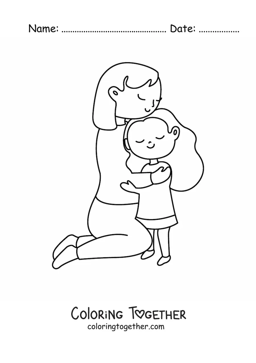 Coloring page of a mom and her daughter hugging