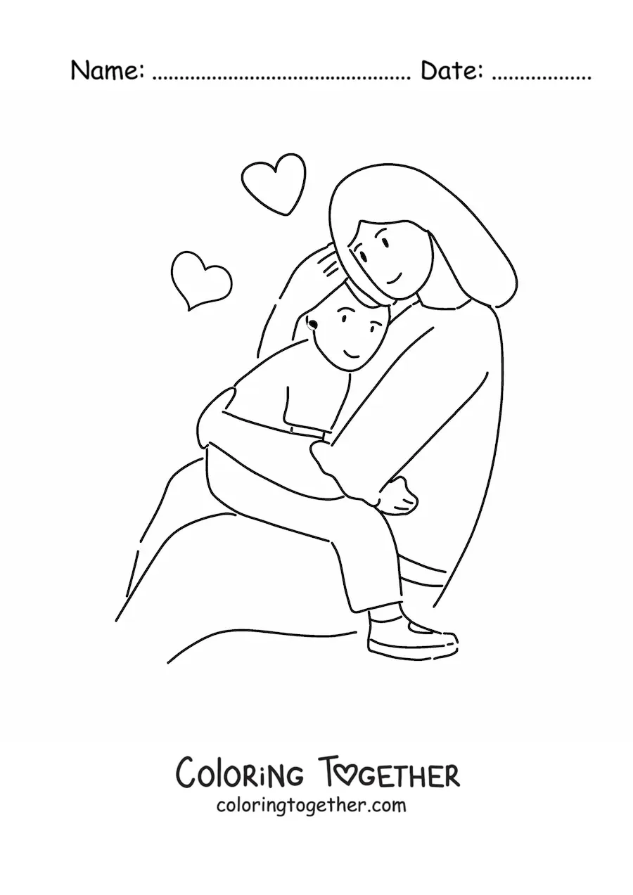 Coloring page of a mom hugging her child