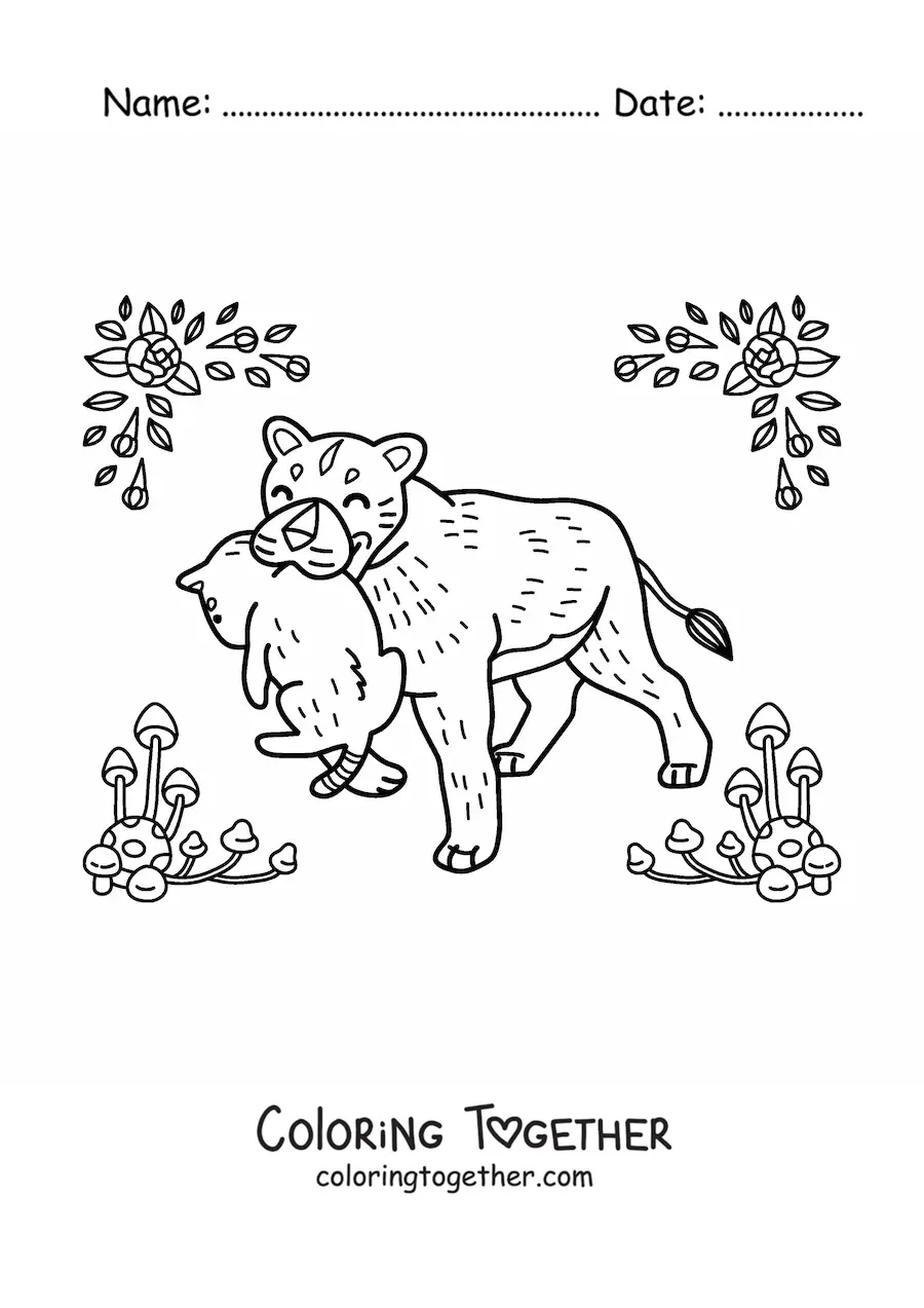 Coloring page of a mama lioness with her cub