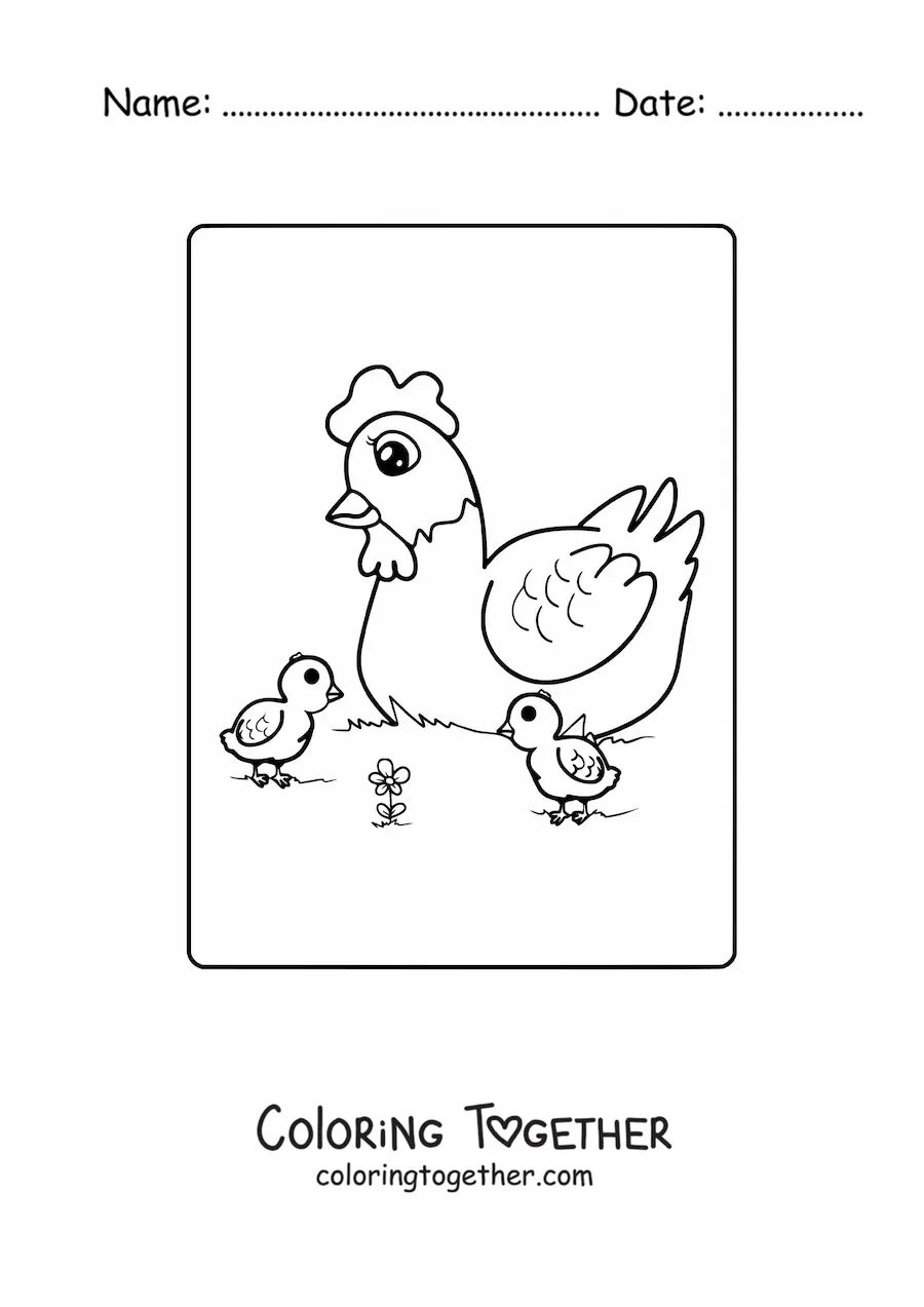 Coloring page of a mama hen with her chicks