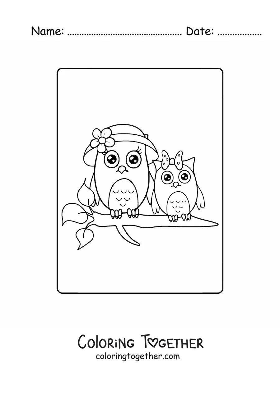 Coloring page of a mama owl with her baby