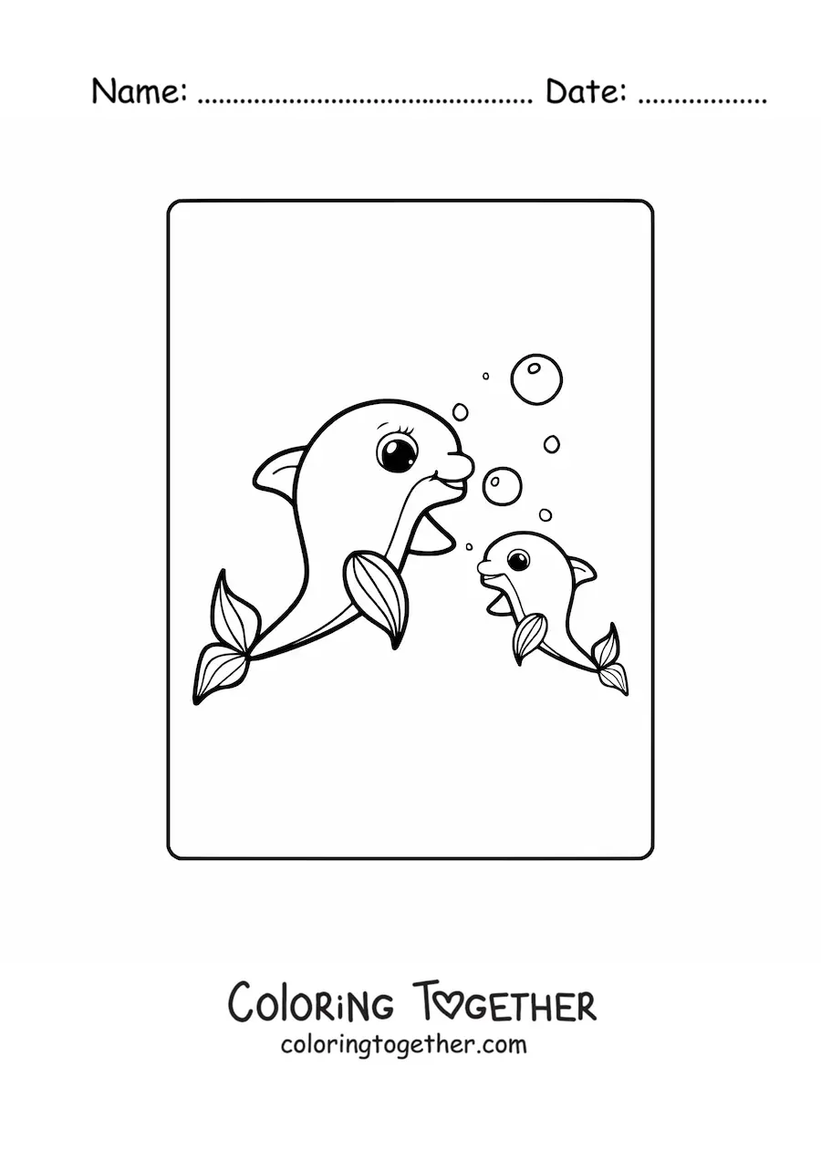 Coloring page of a mama dolphin with her calf