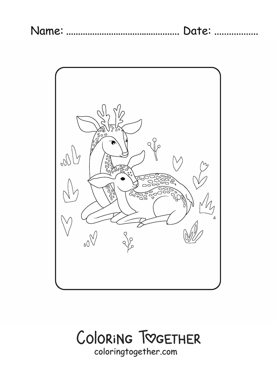 Coloring page of a mama deer with her fawn
