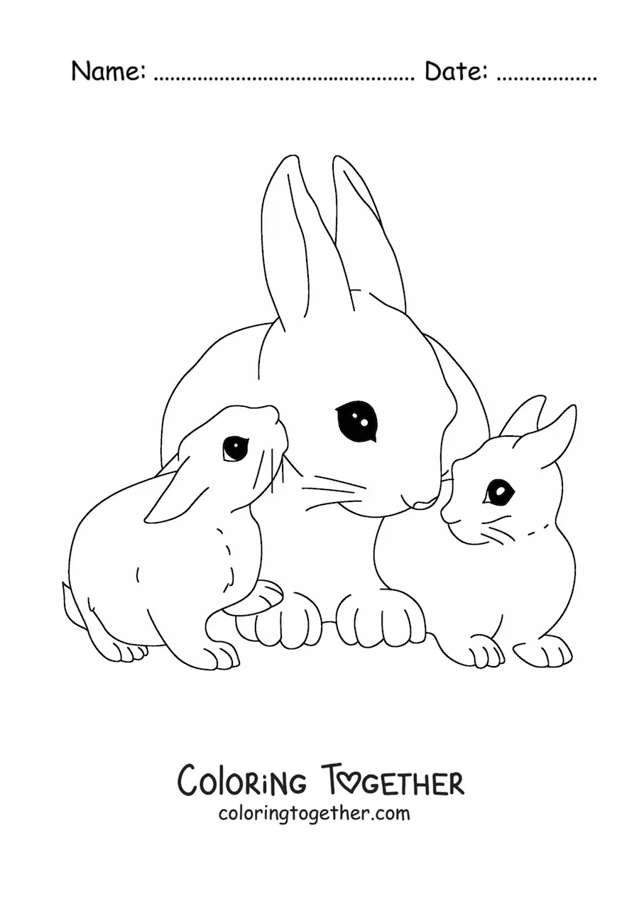 Coloring page of a mama rabbit with her babies
